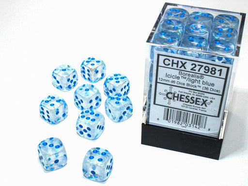 Chessex 27981 Borealis 12mm d6 Icicle/light blue Luminary Dice Block (36 dice) (9003742167277)