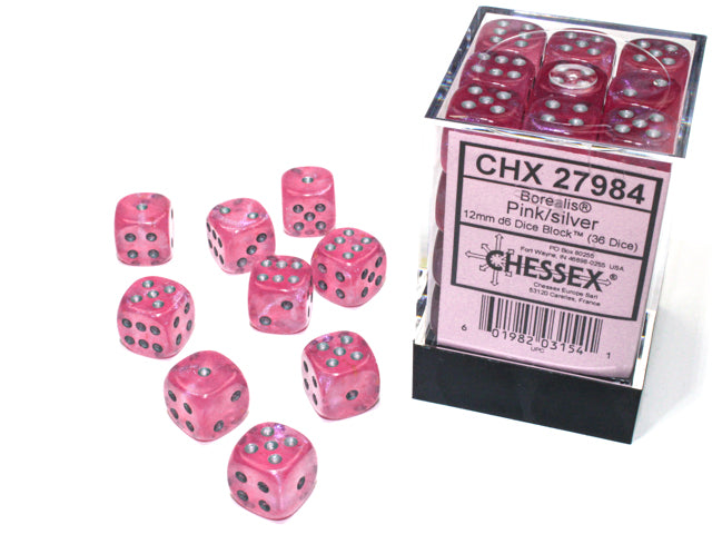 Chessex 27984 Borealis 12mm d6 Pink/silver Luminary Dice Block (36 dice) (9003742822637)