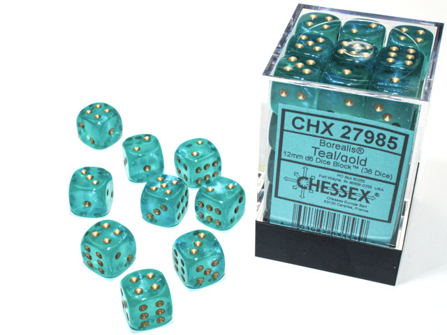 Chessex 27985 Borealis 12mm d6 Teal/gold Luminary Dice Block (36 dice) (9003743117549)