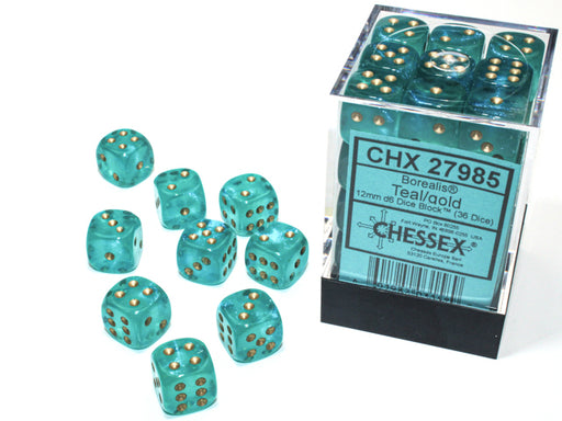 Chessex 27985 Borealis 12mm d6 Teal/gold Luminary Dice Block (36 dice) (9003743117549)