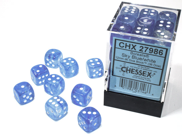 Chessex 27986 Borealis 12mm d6 Sky Blue/white Luminary Dice Block (36 dice) (9003742265581)
