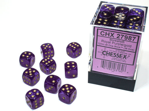 Chessex 27987 Borealis 12mm d6 Royal Purple/gold Luminary Dice Block (36 dice) (9003743314157)