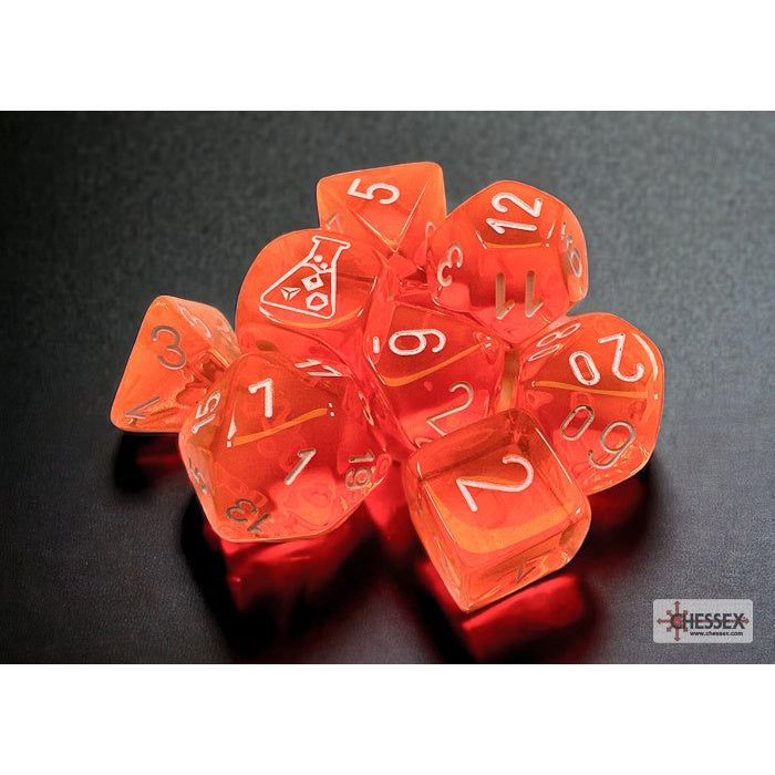 Chessex 30060 Translucent Polyhedral Neon Orange/white 7-Die Set (with bonus die) (9003755143405)