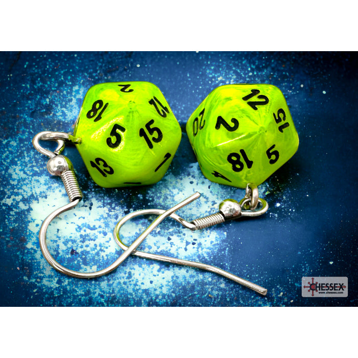 Chessex Hook Earrings Vortex Bright Green Mini-Poly d20 Pair - CHX54205