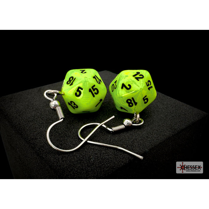 Chessex Hook Earrings Vortex Bright Green Mini-Poly d20 Pair - CHX54205