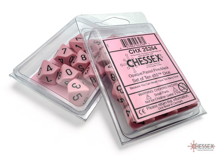 Chessex 25264 Opaque Pastel Pink/black Set of Ten d10s (9003759370477)