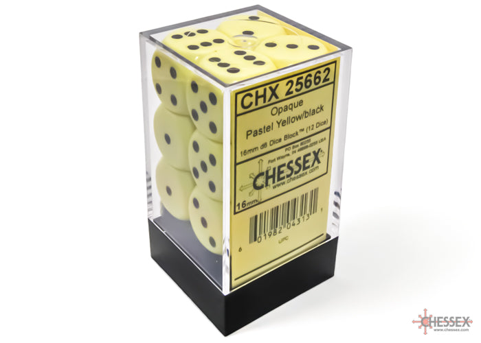 Chessex 25662 Opaque 16mm d6 Pastel Yellow/black Dice Block (12 dice) (9003759075565)