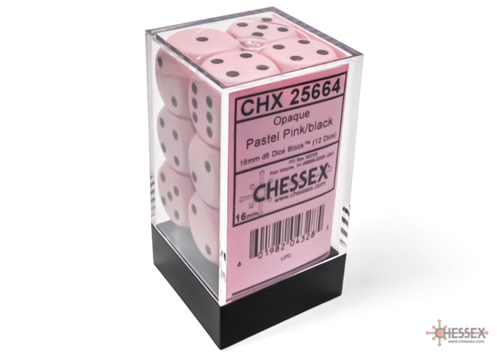 Chessex 25664 Opaque 16mm d6 Pastel Pink/black Dice Block (12 dice) (9003759698157)