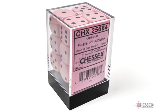 Chessex 25664 Opaque 16mm d6 Pastel Pink/black Dice Block (12 dice) (9003759698157)