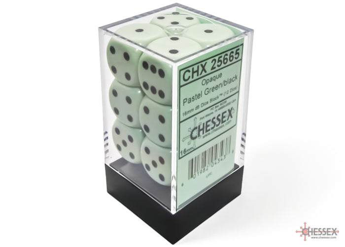 Chessex 25665 Opaque 16mm d6 Pastel Green/black Dice Block (12 dice) (9003760353517)