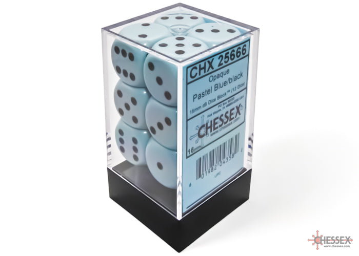 Chessex 25666 Opaque 16mm d6 Pastel Blue/black Dice Block (12 dice) (9003760943341)