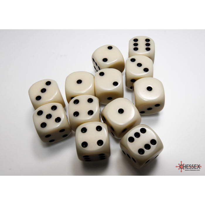 Chessex 25600 Opaque 16mm d6 Ivory/black Dice Block (12 dice) (9003717951725)