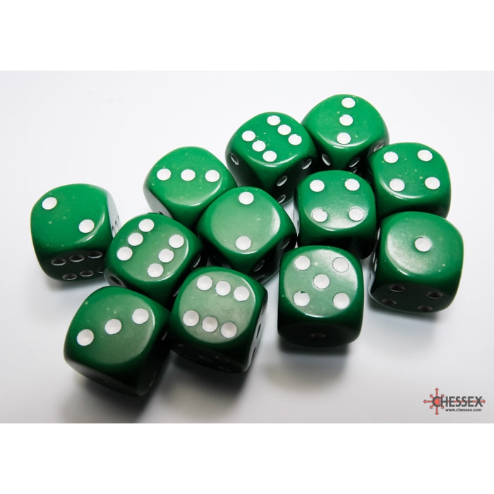 Chessex 25605 Opaque 16mm d6 Green/white Dice Block (12 dice) (9003718115565)