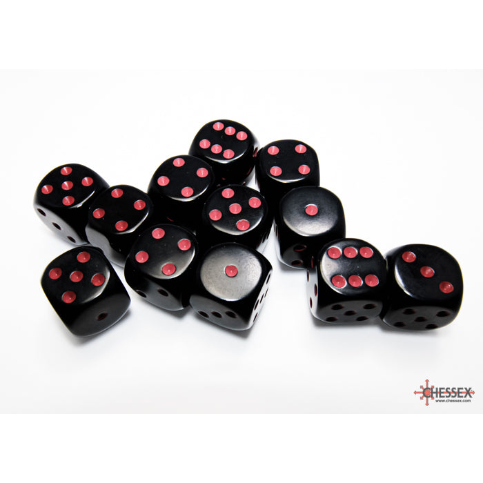 Chessex 25618 Opaque 16mm d6 Black/red Dice Block (12 dice) (9003718672621)