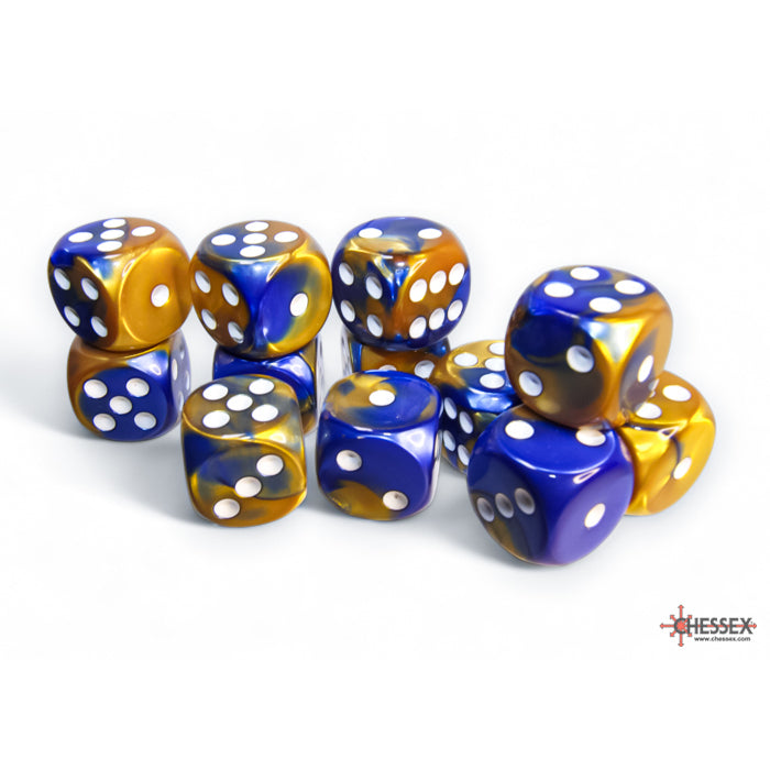 Chessex 26622 Gemini 16mm d6 Blue-Gold/white Dice Block (12 dice) (9003726602477)