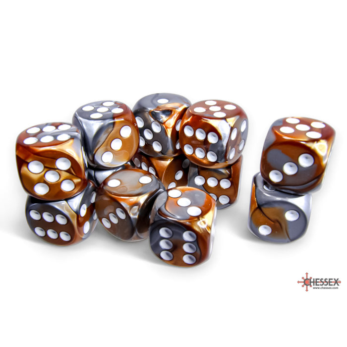 Chessex 26624 Gemini 16mm d6 Copper-Steel/white Dice Block (12 dice) (9003726668013)