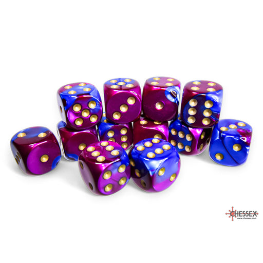 Chessex 26628 Gemini 16mm d6 Blue-Purple/gold Dice Block (12 dice) (9003726831853)