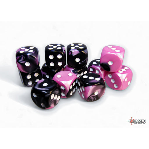Chessex 26630 Gemini 16mm d6 Black-Pink/white Dice Block (12 dice) (9003726897389)