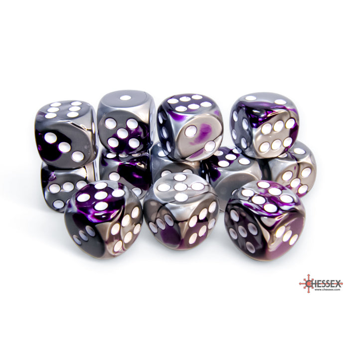 Chessex 26632 Gemini 16mm d6 Purple-Steel/white Dice Block (12 dice) (9003726930157)