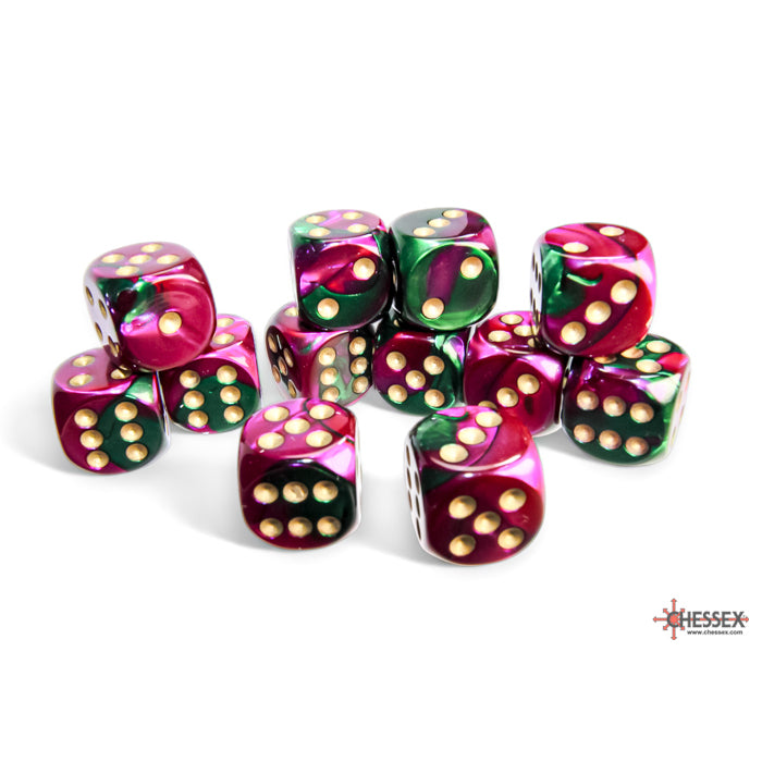 Chessex 26634 Gemini 16mm d6 Green-Purple/gold Dice Block (12 dice) (9003727028461)