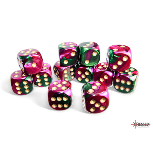 Chessex 26634 Gemini 16mm d6 Green-Purple/gold Dice Block (12 dice) (9003727028461)