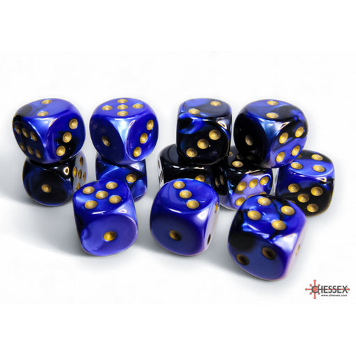 Chessex 26635 Gemini 16mm d6 Black-Blue/gold Dice Block (12 dice) (9003727126765)