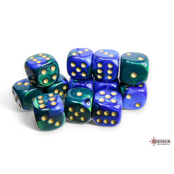 Chessex 26636 Gemini 16mm d6 Blue-Green/gold Dice Block (12 dice) (9003727159533)