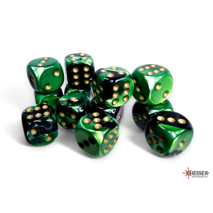 Chessex 26639 Gemini 16mm d6 Black-Green/gold Dice Block (12 dice) (9003727225069)