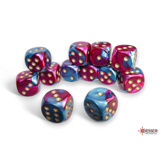 Chessex 26649 Gemini 16mm d6 Purple-Teal/gold Dice Block (12 dice) (9003727519981)