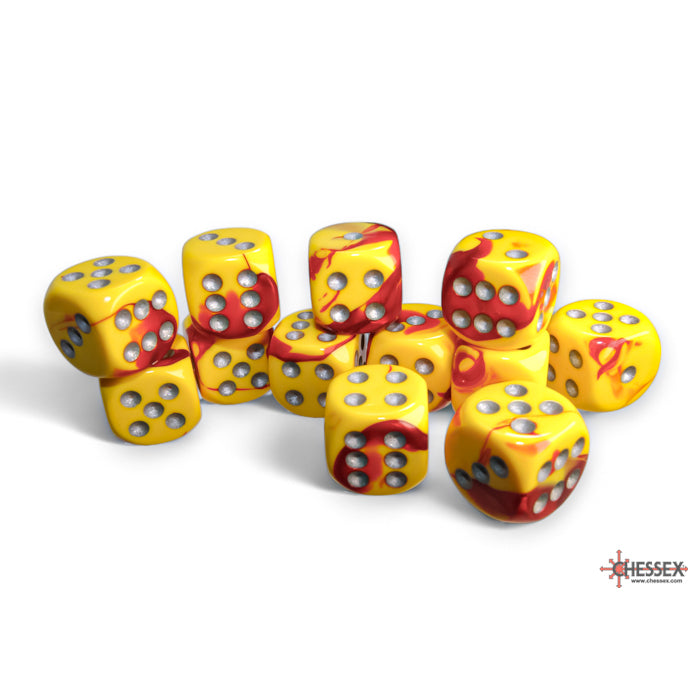 Chessex 26650 Gemini 16mm d6 Red-Yellow/silver Dice Block (12 dice) (9003727585517)