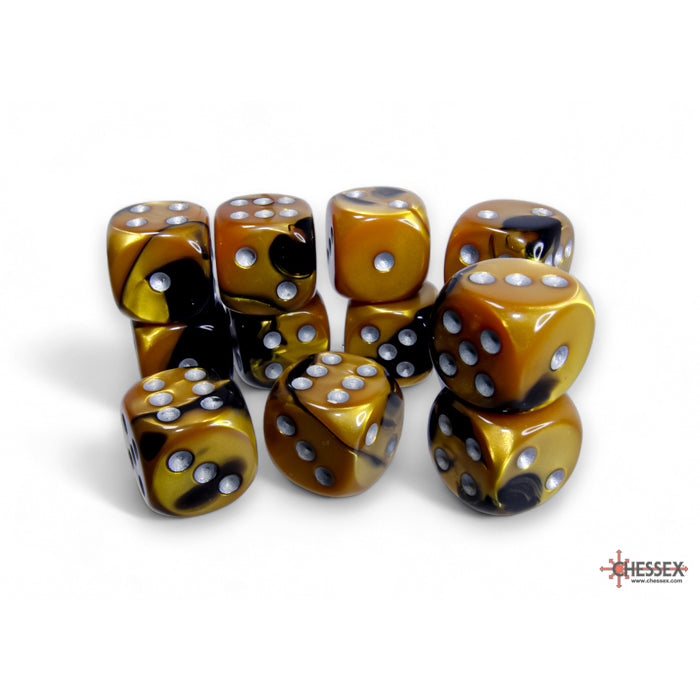 Chessex Gemini Black-Gold/silver 16mm d6 Dice Block (12 dice) - CHX26651