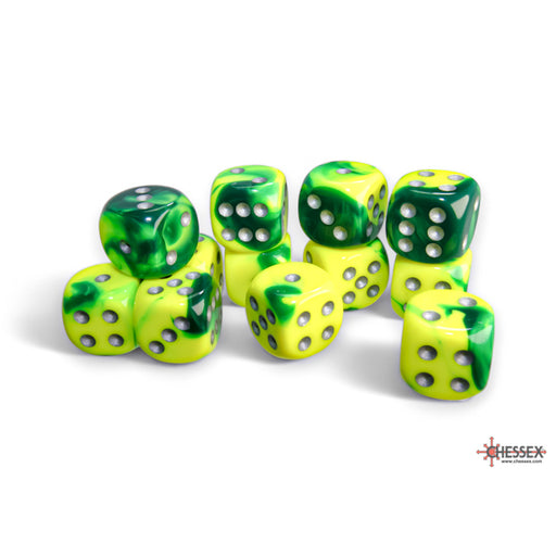 Chessex 26654 Gemini 16mm d6 Green-Yellow/silver Dice Block (12 dice) (9003727683821)