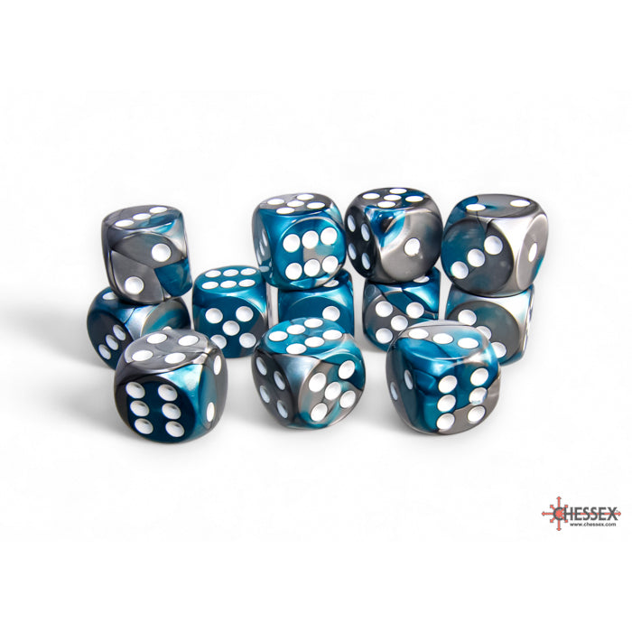 Chessex 26656 Gemini 16mm d6 Steel-Teal/white Dice Block (12 dice) (9003727749357)