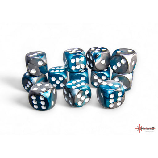 Chessex 26656 Gemini 16mm d6 Steel-Teal/white Dice Block (12 dice) (9003727749357)