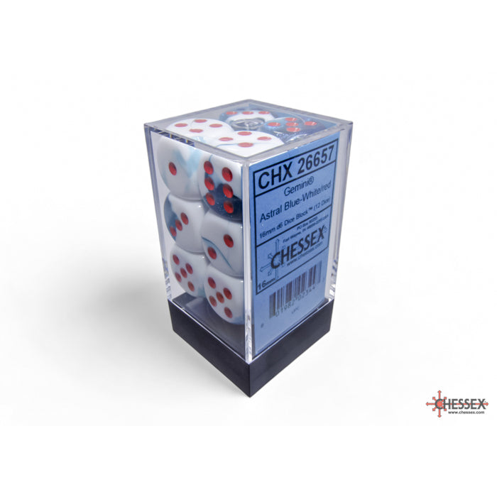 Chessex Gemini Astral Blue-White/red 16mm d6 Dice Block (12 dice) - CHX26657