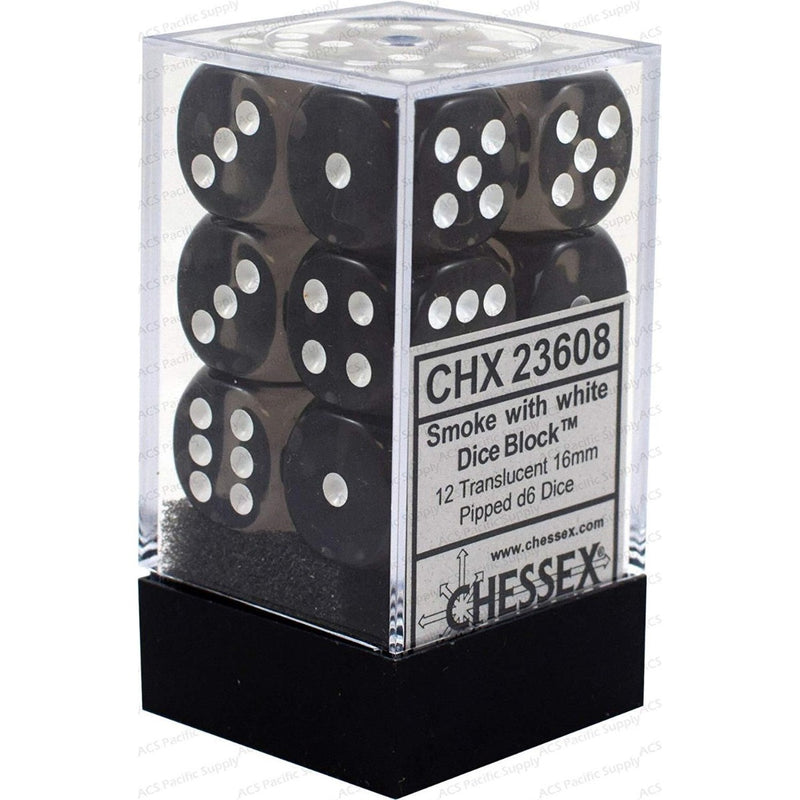 Chessex 23608 Translucent 16mm d6 Smoke/white Dice Block (12 dice) (9003712479469)