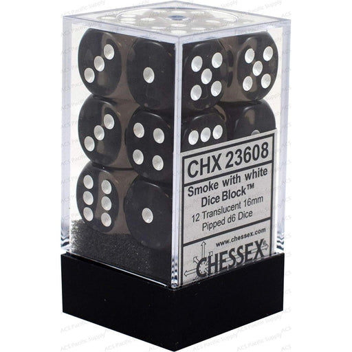 Chessex 23608 Translucent 16mm d6 Smoke/white Dice Block (12 dice) (9003712479469)