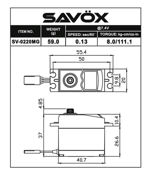 Savox SV-0220MG HV STD Size 8KG 0.13 @7.4v 40.7x20x37mm 59g (8319183847661)