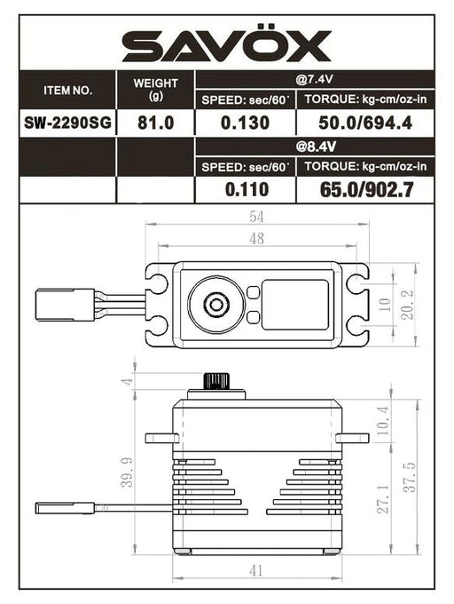 Savox SW-2290SG Brushless IP67 Water Proof Full CNC Servo 50kg/cm 0.13sec @ 7.4v 82g 40.3x20.2x38.7mm - Hobby City NZ