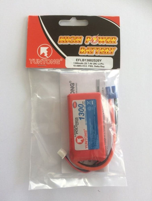 E-flite EFLB13002S20Y 1300mAh 2S 7.4V 20C Li-Po 18 AWG EC2. FBS Delta Ray rplcmt for EFLB13002S20 70x36x14mm (8347080687853)