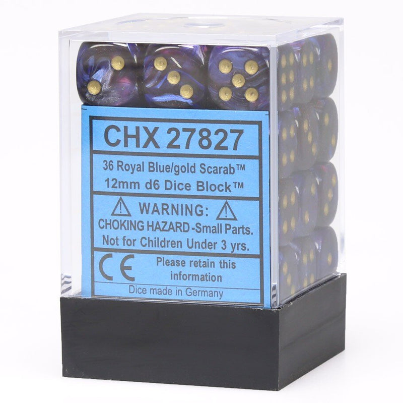 Chessex 27827 Scarab 12mm d6 Royal Blue/gold Dice Block (36 dice) (9003739644141)