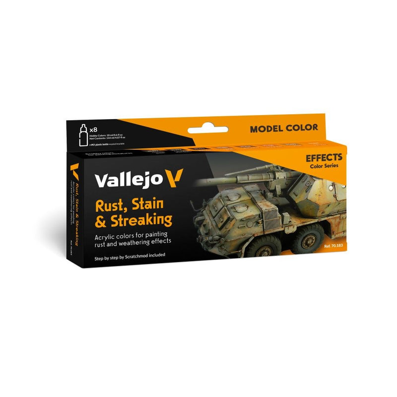Vallejo AV70183 Model Colour Rust; Stain & Streaking By Scratchmod Effects 8 Colour Set