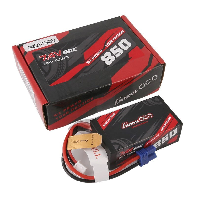 Gens Ace GA0850-2S60-HC 850mAh 7.4V 2S1P 60C Lipo Battery Pack with EC2 Plug 57g 58x32x20.8mm Fits LOSI 1/16 Mini B Mini JRX2 1/18 Mini T 2.0 Mini LMT UTB18 with plug change