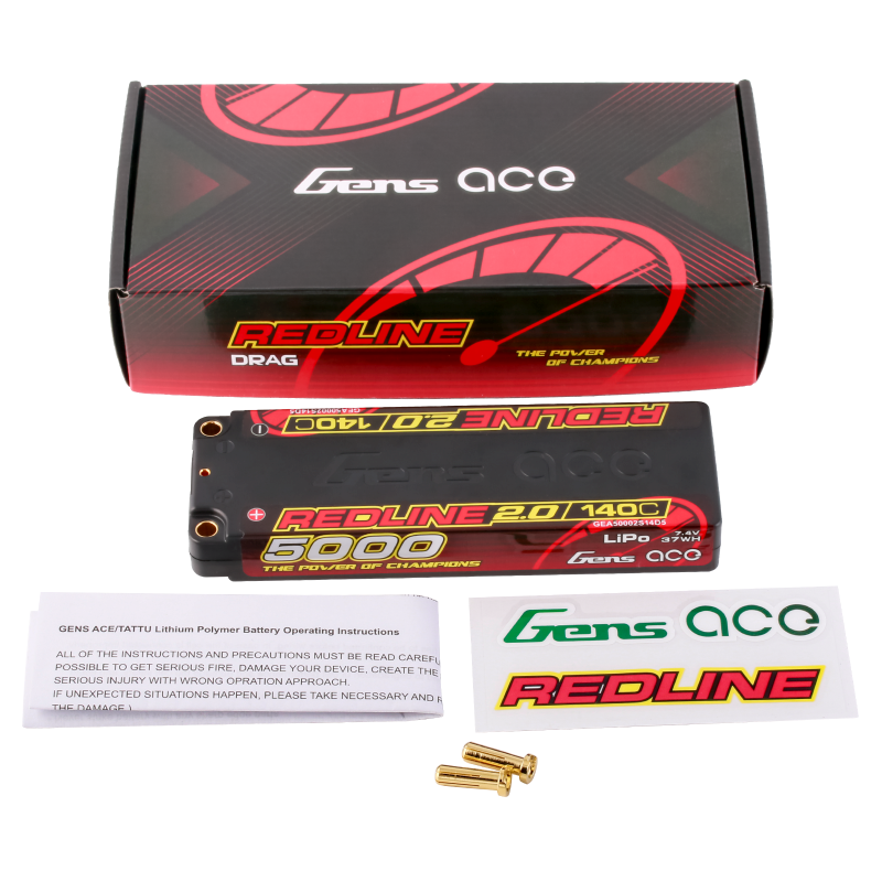 Gens Ace GA5000-2S140-RL2.0 Redline 2.0 5000mAh 2S 7.4V 140C HardCase 56# Lipo Battery with 5.0mm bullet 224g 139x47x18.5mm