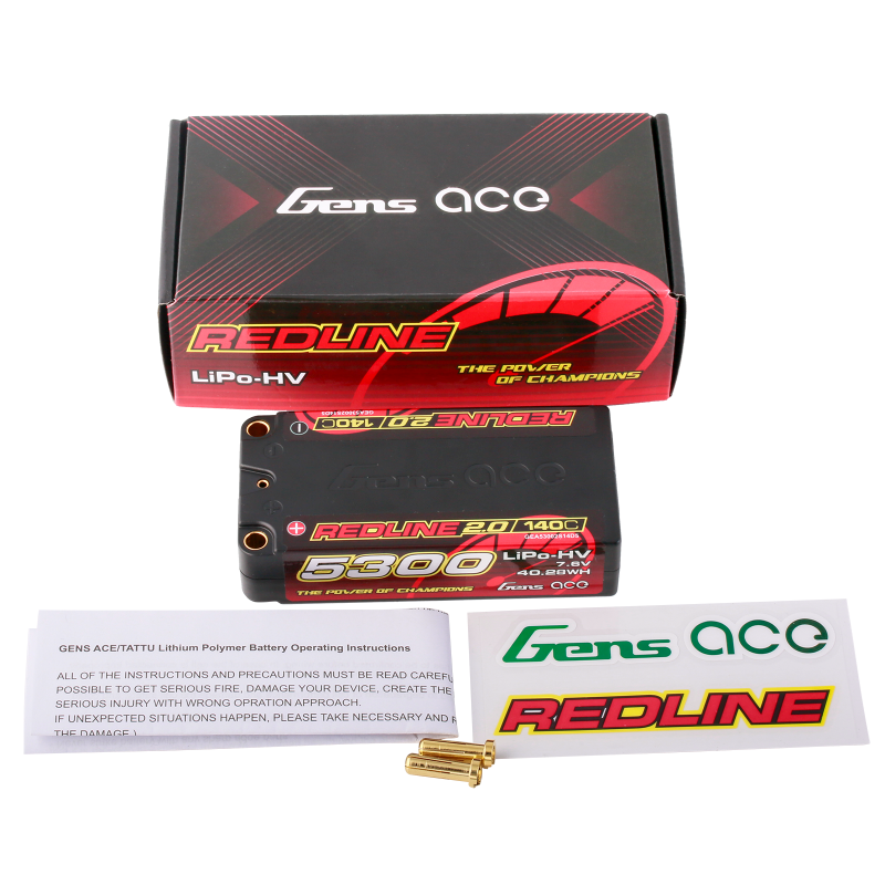 Gens Ace GA5300-2S140-S-RL2.0 Redline 2.0 5300mAh 2S 7.6V 140C HardCase #64 HV Shorty Lipo Battery 199g 96x47x22.5mm