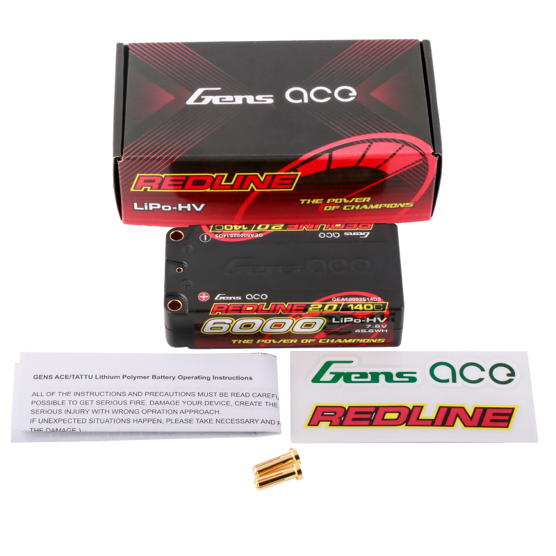 Gens Ace GA6000-2S140-S-RL2.0 Redline 2.0 6000mAh 2S 7.6V 140C HardCase HV Shorty Lipo Battery 220g 96x47x25mm