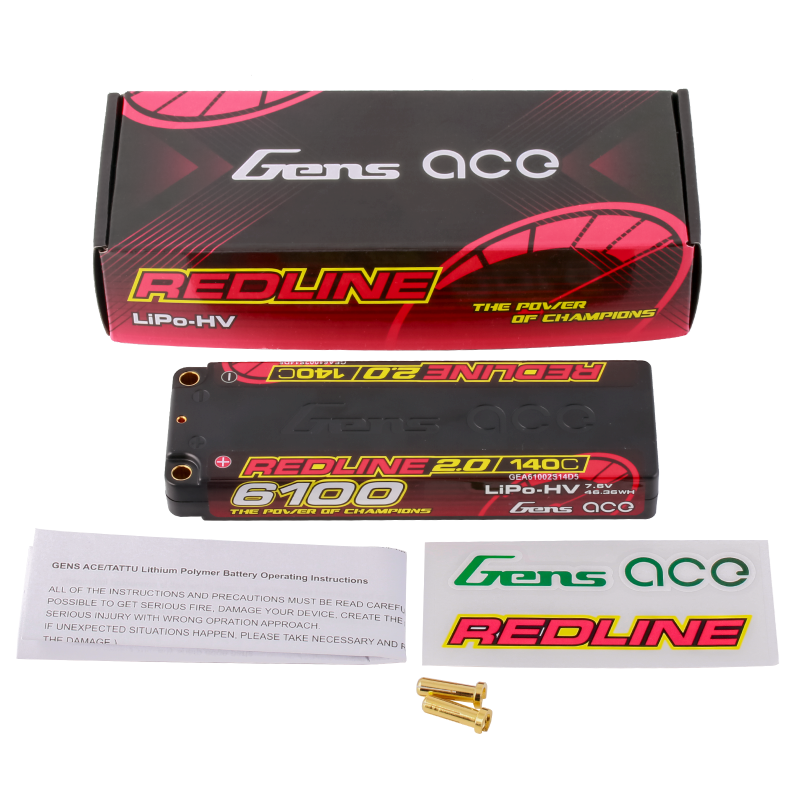 Gens Ace GA6100-2S140-RL2.0 Redline 2.0 6100mAh 2S 7.6V 140C HardCase HV Lipo Battery 226g 139x47x18.5mm