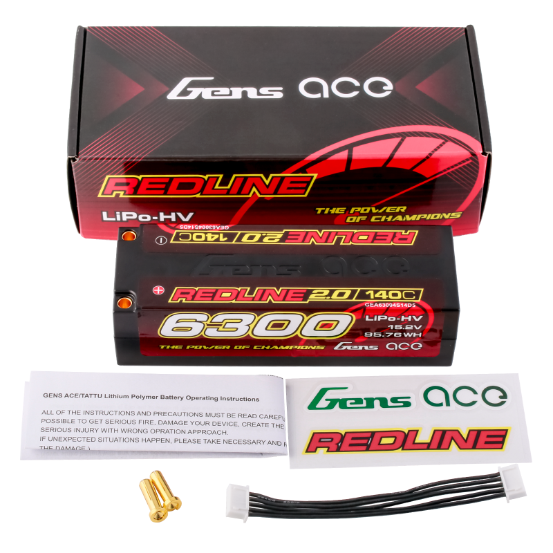 Gens Ace GA6300-4S140-RL2.0 Redline 2.0 6300mAh 4S 15.2V 140C HardCase 59# HV Lipo Battery with 5.0mm bullet 452g 139x47x37mm