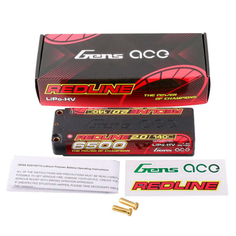 Gens Ace GA6500-2S140-RL2.0 Redline 2.0 6500mAh 2S 7.6V 140C HardCase 57# HV Lipo Battery with 5.0mm bullet 264g 139x47x22.5mm