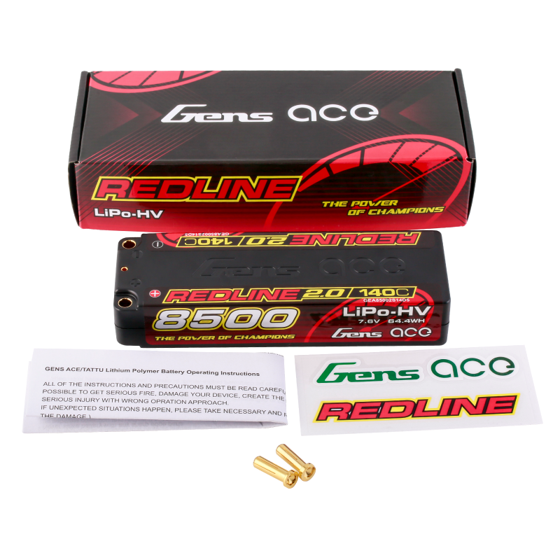 Gens Ace GA8500-2S140-RL2.0 Redline 2.0 8500mAh 2S 7.6V 140C HardCase 58# HV Lipo Battery with 5.0mm bullet 302g 139x47x25mm